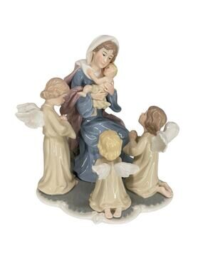 Virgin Mary with Baby Jesus and Angels Porcelain Statue Sculpture Figurine EUC
